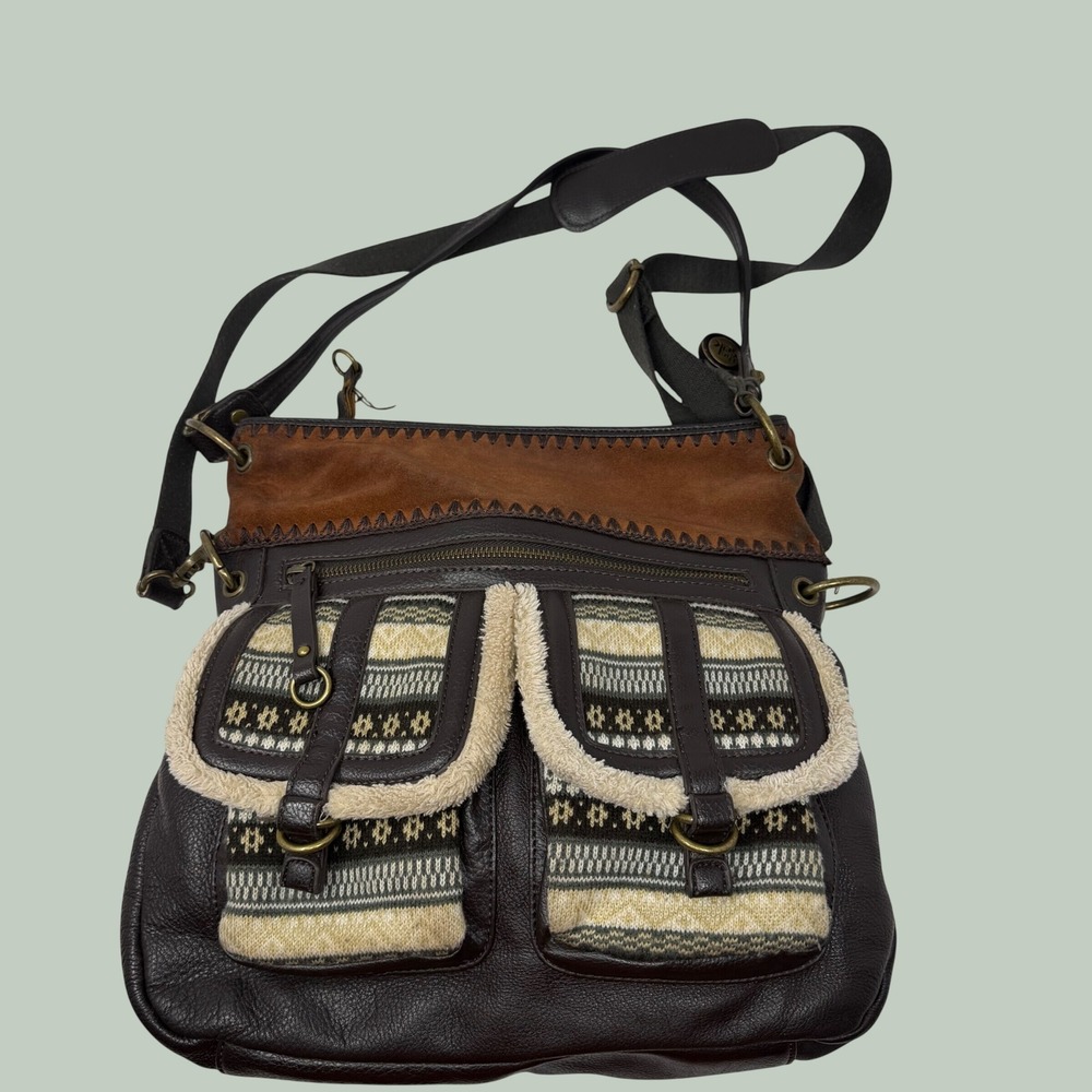 The Sak Brown Leather Crossbody Bag Suede Knit Shearling Trim Boho Messenger